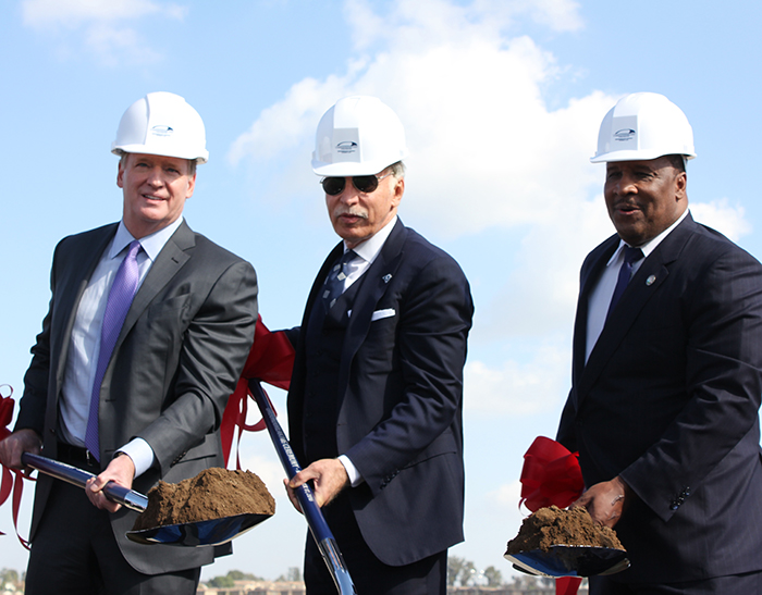 National Football League Commissioner Roger Goodell, Rams owner Stan Kroenke and Inglewood Mayor James Butts break ground Nov. 17 on the Rams new stadium on the site of the former Hollywood Park racetrack. The new stadium is expected to open for the 2019 football season. (Photo by Tyrone Cole)
