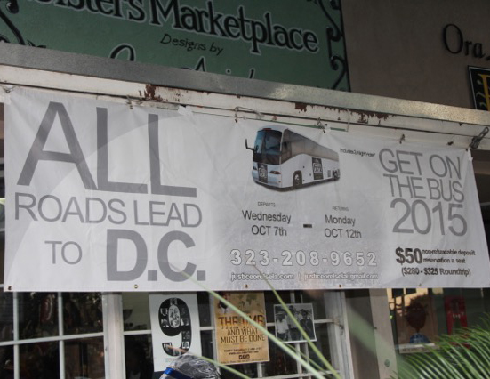 A sign on the wall at the Nation of Islam mosque on Vermont Avenue in South Los Angeles advertises a bus trip to Washington, D.C. for the 20th anniversary of the Million Man March.
The anniversary march, set for Oct. 10, is being called the Justice or Else march.
(Courtesy photo)