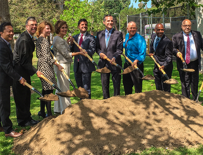 Mayor Eric Garcetti, sixth from left, and Councilman Mike Bonin, help break ground June 30 on a new underground water treatment facility at Penmar Park. The facility is expected to conserve 108,000 gallons of potable water every day that will be used to irrigate the Venice area park, its golf course and Marine Park in Santa Monica. (Courtesy photo)